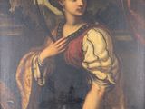 an old painting of a woman holding a dog in a room