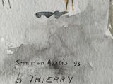 a watercolor painting of a woman walking down the street