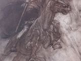 drawing of a man riding a horse with a dragon on its back