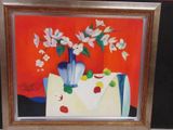 une peinture de fleurs dans un vase bleu sur une table