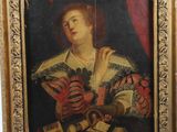 un vieux tableau représentant une femme tenant un gant et une bouteille de vin