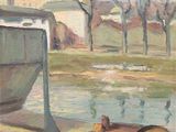 une peinture représentant un bateau sur un plan d'eau