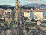 an oil painting of a view of a town from a hill