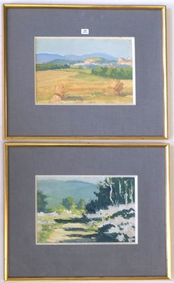 deux tableaux encadrés représentant un paysage avec des arbres et des montagnes en arrière-plan