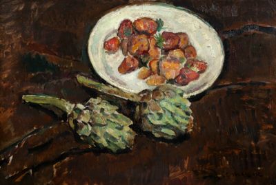 une peinture représentant une assiette d'artichauts et un bol d'artichauts