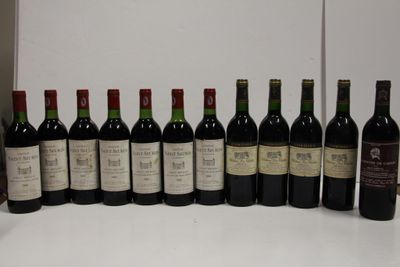 several bottles of wine are lined up on a table