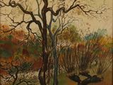 an oil painting of a tree with no leaves in a field