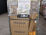 a metal cart with a sign on it in a warehouse