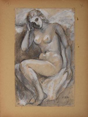 tableau représentant une femme nue assise par terre, la tête entre les mains