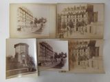 several old photos of buildings and a clock tower in a row