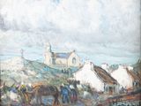painting of a village scene with horses and a church in the background