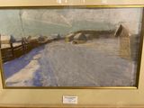 a picture of a painting of a snow covered road