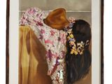 tableau représentant une femme coiffée d'un chapeau, adossée à un mur