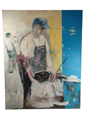 an oil painting of a woman preparing food in a kitchen
