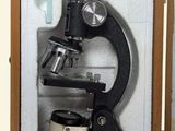 two microscopes in a wooden case on display