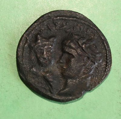 a close up of a coin on a green surface