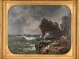 an oil painting of a rocky coast with waves crashing against the rocks