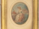 an old picture of a woman sitting on a bench with a basket in her hand