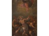 a painting of a painting of a man being thrown into the air by angels