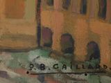 an oil painting of a building with a street sign on it