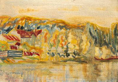 l'image d'une peinture représentant un bateau sur un plan d'eau