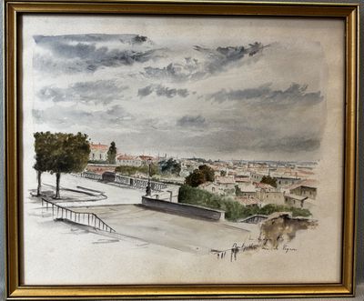 a picture of a painting of a view of a city