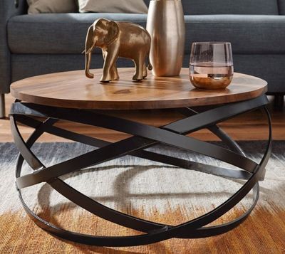 Table basse ronde design en sheesham massif et métal - 60x60…