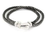 a black rope bracelet with a silver clasp on a white background