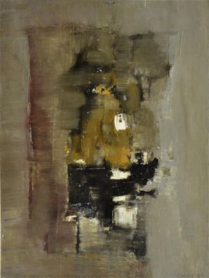 une peinture à l'huile représentant un chat assis sur une table