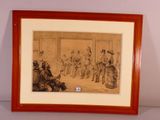 framed drawing of a group of people sitting in a room