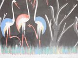 painting of three flamingos in a field of grass with trees in the background