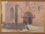 an oil painting of a building with a fountain in front of it