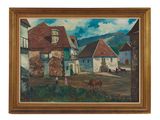 an image of a painting of a village scene with a horse in the foreground