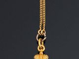 a close up of a gold and red pendant with a crown on it