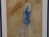 painting of a woman in a blue dress holding a water bottle