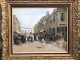 an oil painting of a street scene with people walking down the street