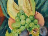 tableau représentant une nature morte composée de raisins, d'un melon et d'un verre de vin