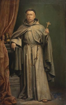 painting of a man in a monk ' s robes holding a cross