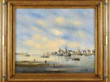 une peinture à l'huile représentant des bateaux sur l'eau, avec le ciel en arrière-plan