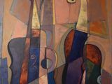 un tableau représentant un violon et un étui à violon posés sur une table