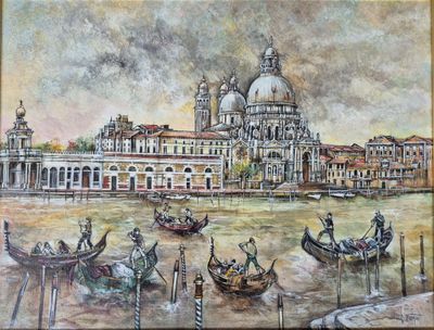 une peinture représentant une vue de Venise avec des gondoles au premier plan