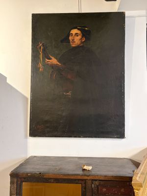 un tableau représentant un homme tenant une épée dans une pièce