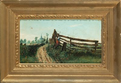 an image of a painting of a horse drawn carriage on a country road