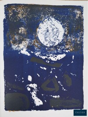 une image représentant un tableau bleu et blanc avec une lune dans le ciel