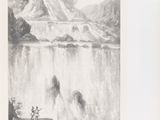 un vieux dessin en noir et blanc représentant une cascade dans les montagnes
