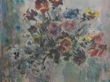 peinture d'un vase de fleurs sur une table dans une pièce