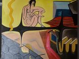 un tableau représentant une femme assise sur un canapé