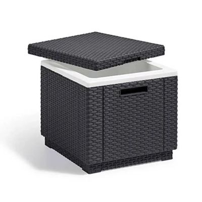 a black wicker storage box with a white lid