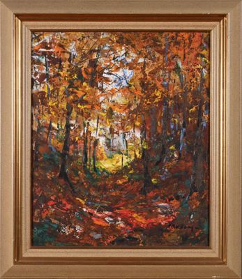 un tableau représentant un sentier traversant une forêt en automne