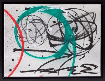 abstract painting of green, red, and black circles on a white background